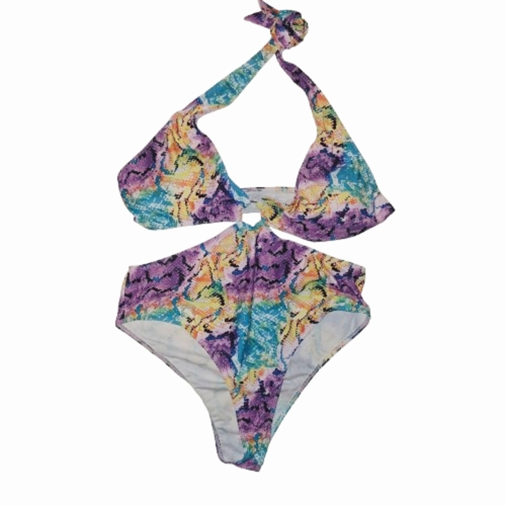 Multicolor Snake Print Halter Swimsuit – Size XL